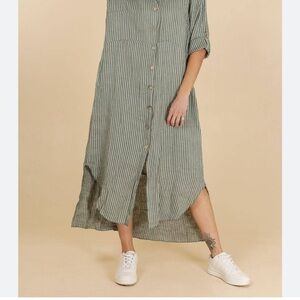 Linen long sleeve shirt dress white green striped medium